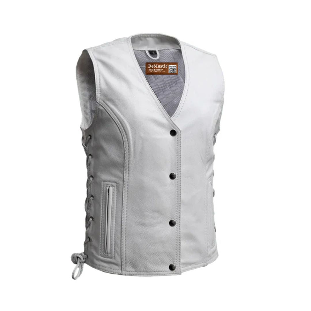 Burrow Women’s Genuine Leather Motorcycle Vest - Classic White