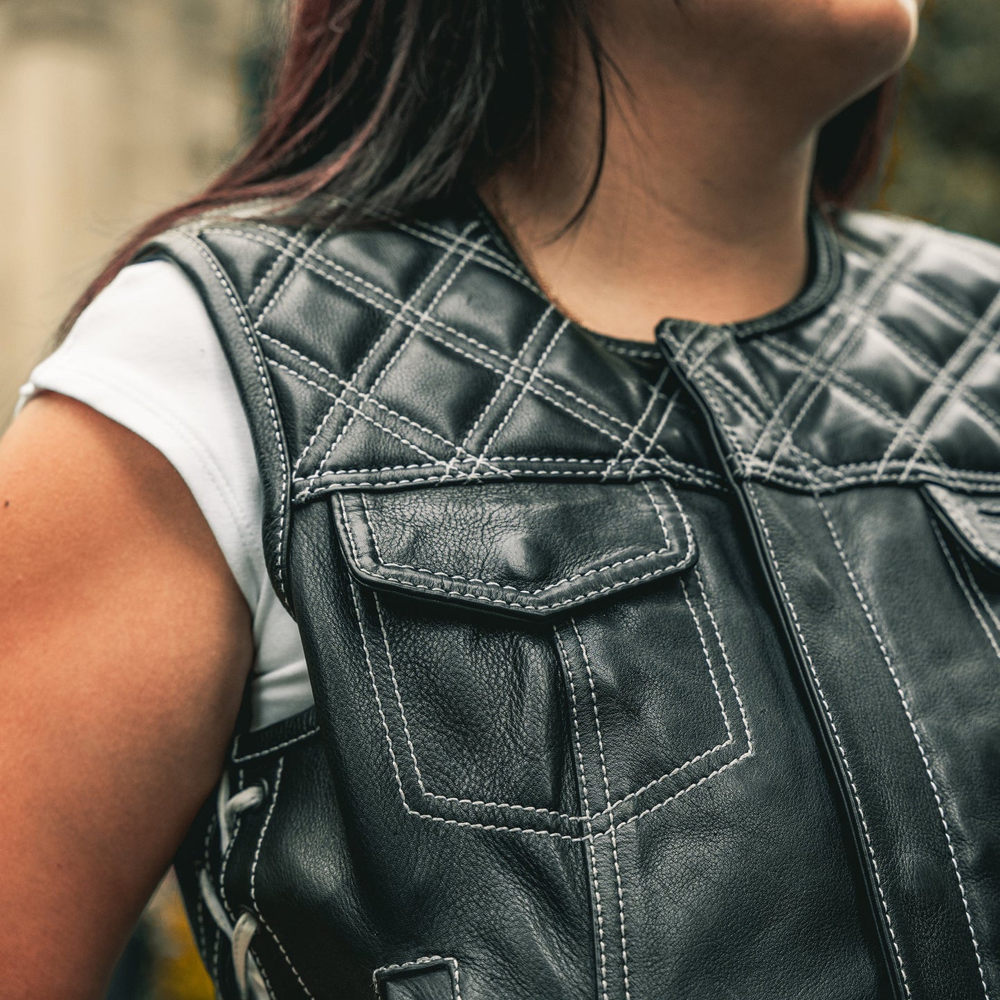 Benish - Women’s Quilted Motorcycle Leather Vest | Sleek Diamond Stitch Design